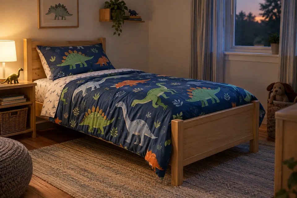 A child’s new bed with a dinosaur-print blanket in a warm, tidy bedroom
